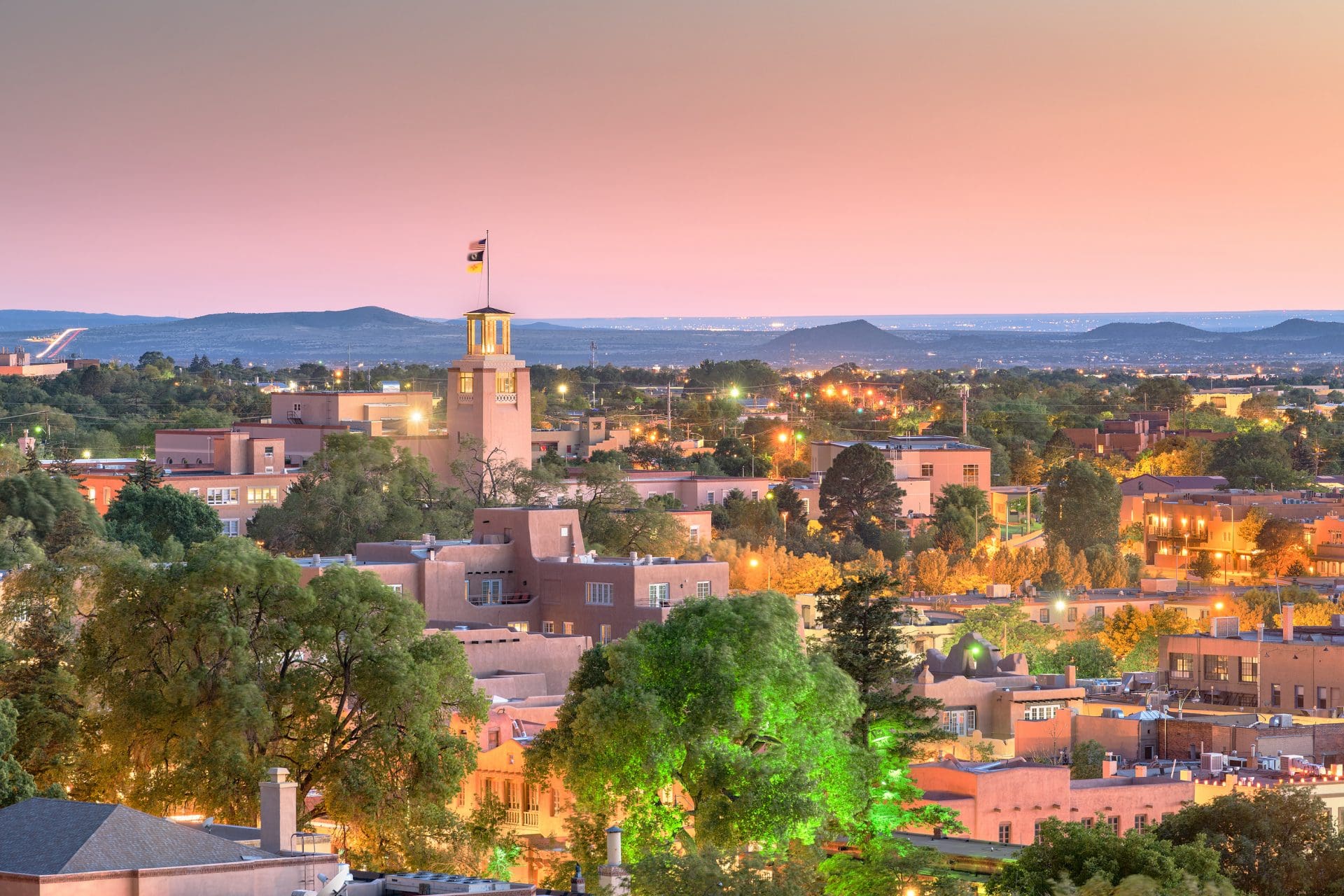 Santa Fe, New Mexico, USA downtown skyline at dusk.